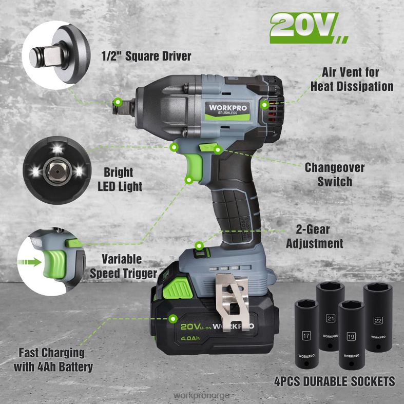 WORKPRO 20v trådløs slagnøkkel, med 4,0 ah batteri, hurtiglader, 4 stikkontakter og oppbevaringsveske morden verktøy 622PZ188