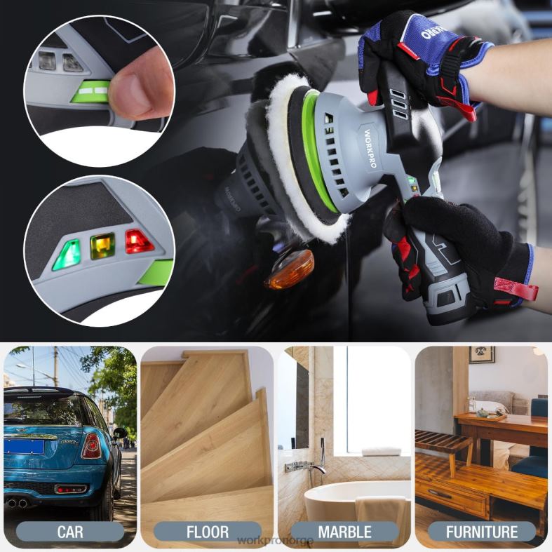 WORKPRO 6-tommers dobbeltvirkende trådløs bilbufferpolerer med 2 stk 12v oppladbart batteri morden verktøy 622PZ238
