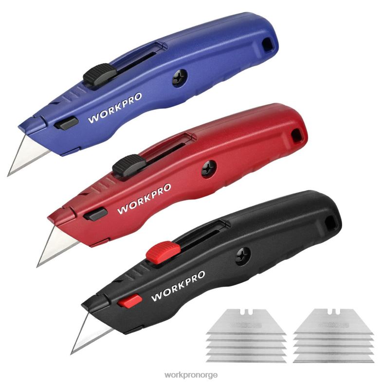 WORKPRO førsteklasses verktøykniv, uttrekkbar kraftig bokskutter i metall, barberkniv med hurtigskifteblad, med 10 ekstra blader svart/blått/rødt verktøy 622PZ51