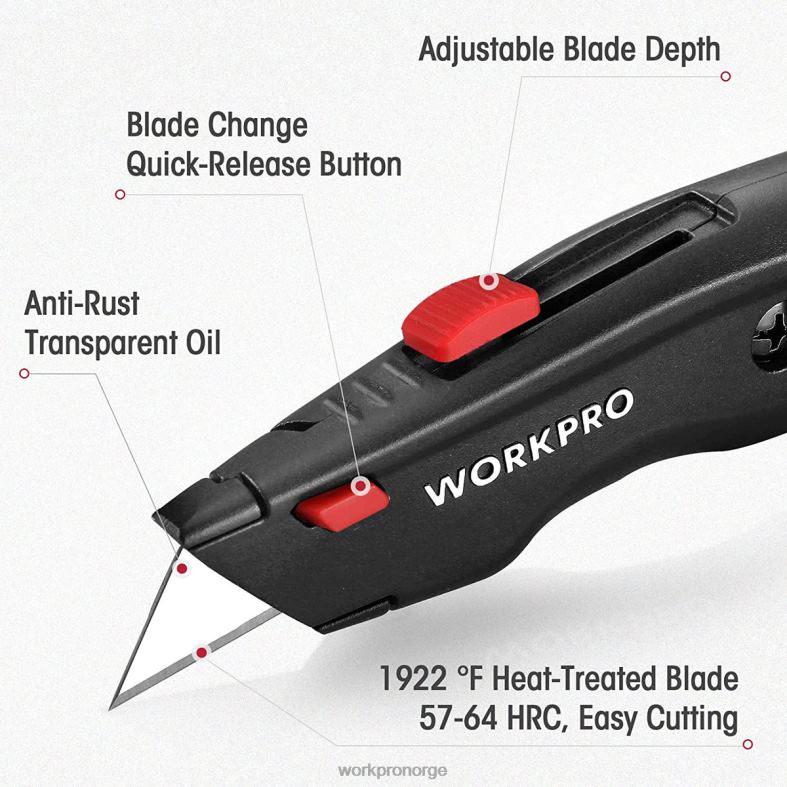 WORKPRO førsteklasses verktøykniv, uttrekkbar kraftig bokskutter i metall, barberkniv med hurtigskifteblad, med 10 ekstra blader svart/blått/rødt verktøy 622PZ51