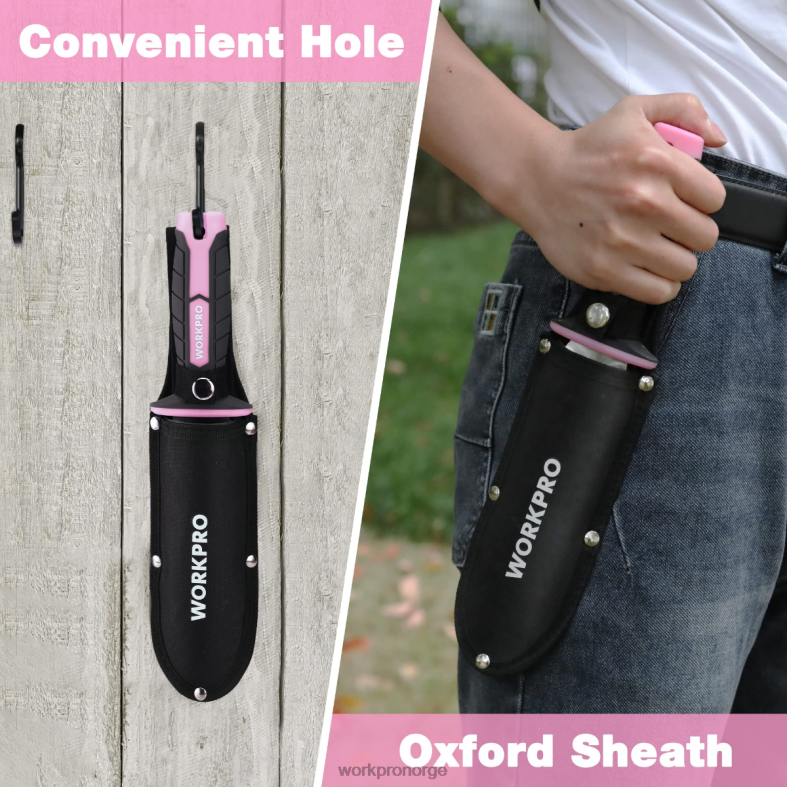 WORKPRO hagekniv med oxford slire, blad i rustfritt stål med skjærekant grønn/rosa verktøy 622PZ283