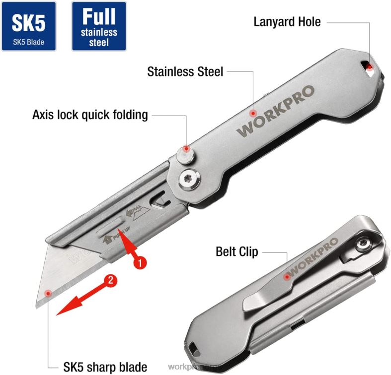 WORKPRO hurtigbytte sammenleggbar lommeverktøykniv mini foldekniv i rustfritt stål med belteklips ny verktøy 622PZ47