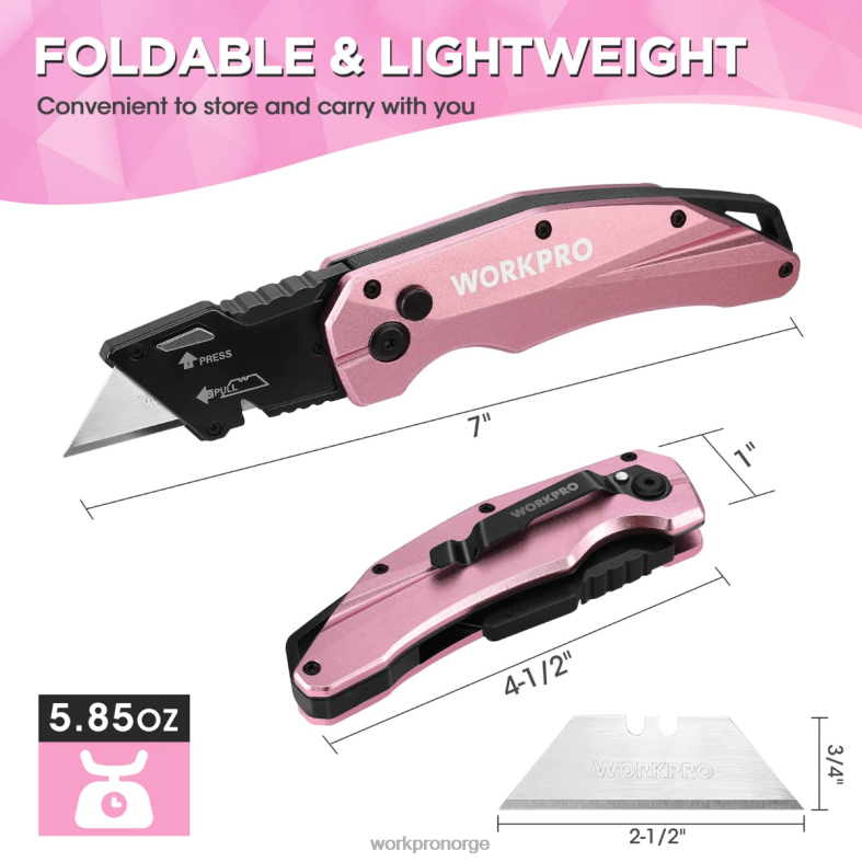 WORKPRO sammenleggbar aluminiums kniv, 10 ekstra blader inkluderer rosa verktøy 622PZ54