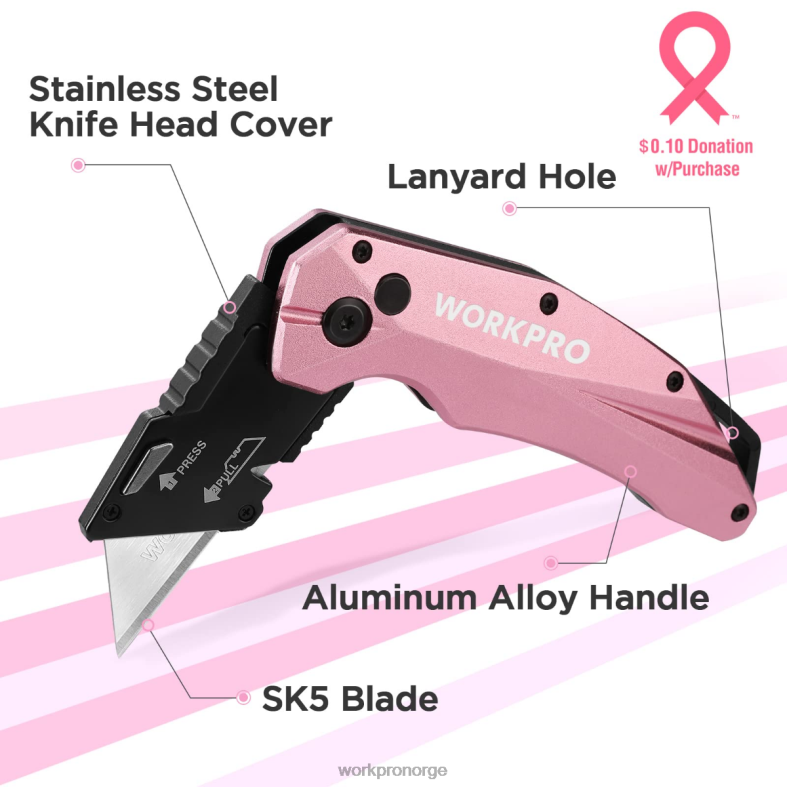 WORKPRO sammenleggbar aluminiums kniv, 10 ekstra blader inkluderer rosa verktøy 622PZ54