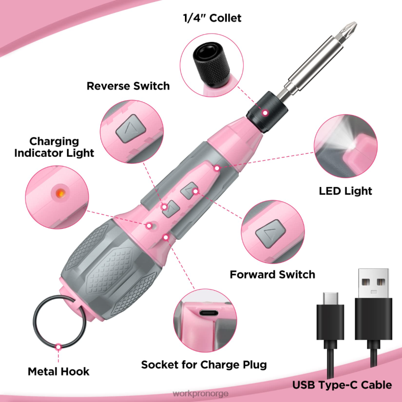 WORKPRO trådløs 4v usb oppladbart litium-ion batteri skrutrekkersett rosa/hvit verktøy 622PZ236