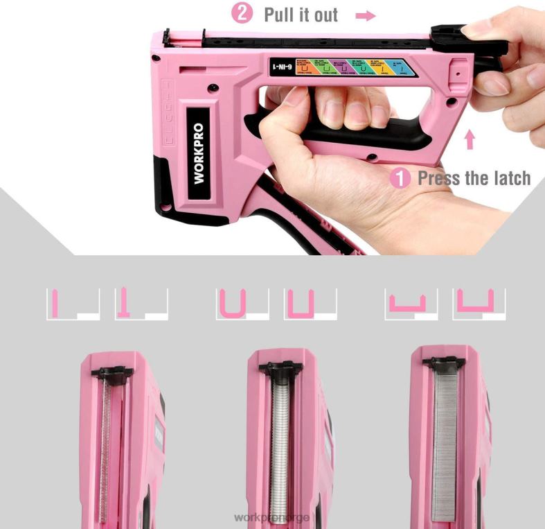 WORKPRO 6-i-1 manuell spikerpistol for spiker møbeltrekk rosa/grå verktøy 622PZ59
