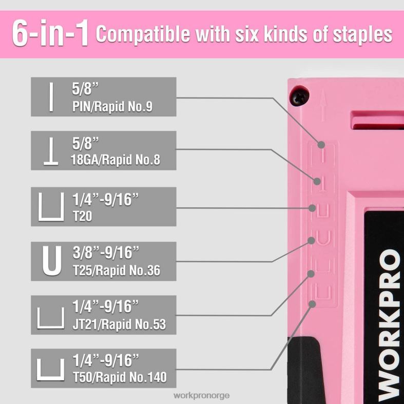 WORKPRO 6-i-1 manuell spikerpistol for spiker møbeltrekk rosa/grå verktøy 622PZ59
