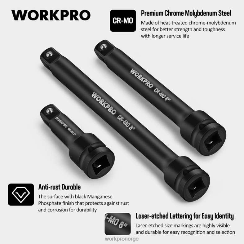WORKPRO 3 deler 3, 6, 8 tommers 1/2-tommers socket drive slagforlengelsesstangsett nyttig verktøy 622PZ202