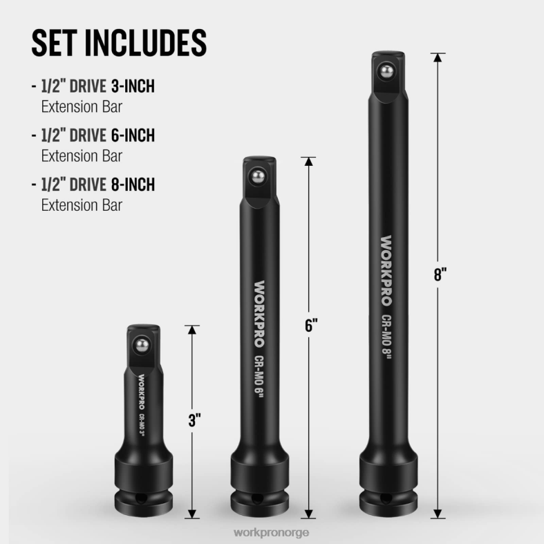 WORKPRO 3 deler 3, 6, 8 tommers 1/2-tommers socket drive slagforlengelsesstangsett nyttig verktøy 622PZ202