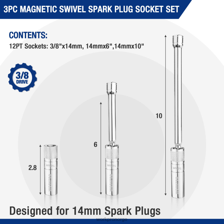 WORKPRO 3 stk - 14 mm tynn veggkontakt med 6- og 10-tommers forlengelser magnetisk svingbar tennpluggkontaktsett hjelpsom verktøy 622PZ143