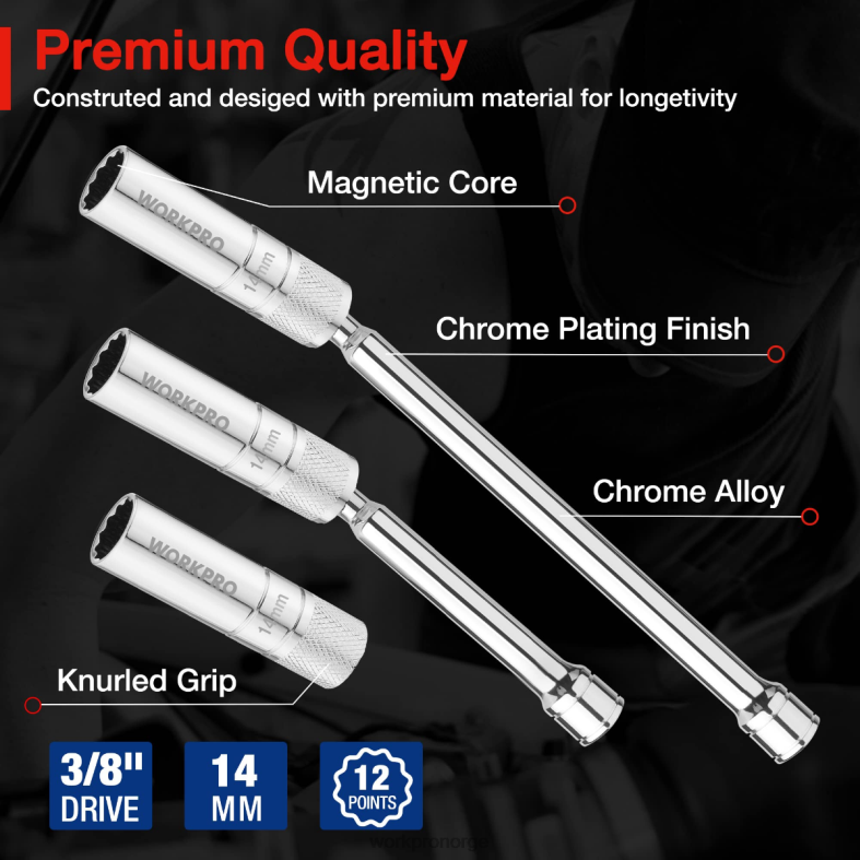 WORKPRO 3 stk - 14 mm tynn veggkontakt med 6- og 10-tommers forlengelser magnetisk svingbar tennpluggkontaktsett hjelpsom verktøy 622PZ143