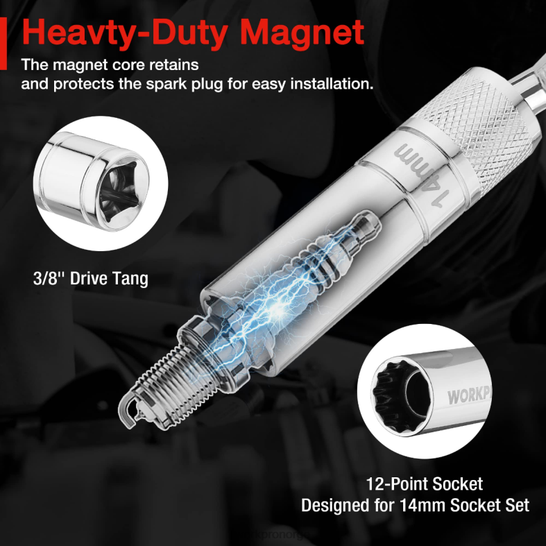 WORKPRO 3 stk - 14 mm tynn veggkontakt med 6- og 10-tommers forlengelser magnetisk svingbar tennpluggkontaktsett hjelpsom verktøy 622PZ143