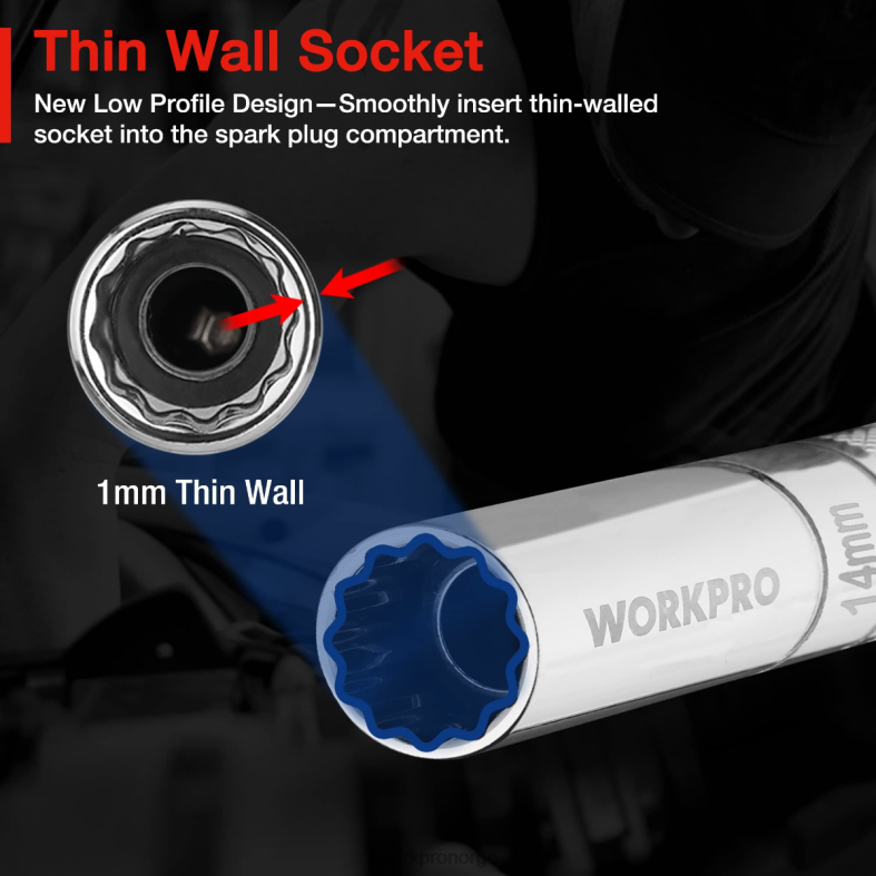 WORKPRO 3 stk - 14 mm tynn veggkontakt med 6- og 10-tommers forlengelser magnetisk svingbar tennpluggkontaktsett hjelpsom verktøy 622PZ143