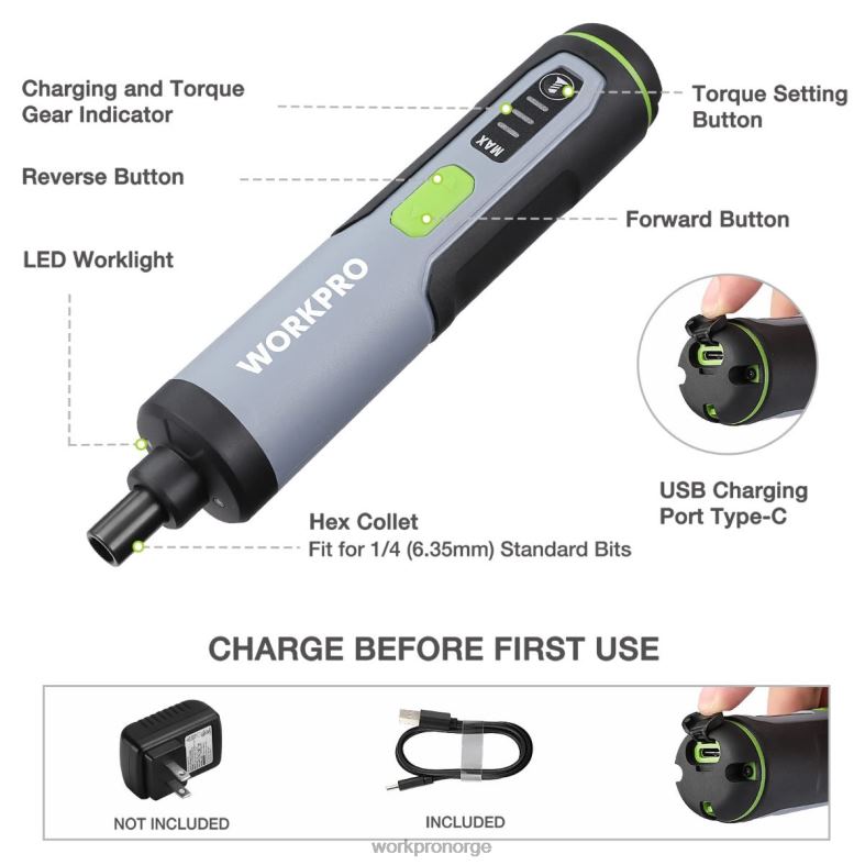 WORKPRO 4v elektrisk skrutrekker, oppladbart batteridrevet skrutrekkersett med led lys nyttig verktøy 622PZ232