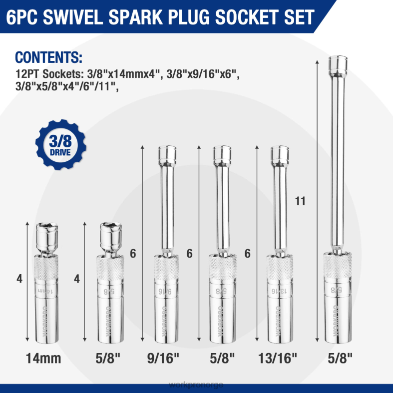 WORKPRO 6 stk-9/16-tommers, 5/8-tommers, 13/16-tommers, 14 mm tynne stikkontakter med 4, 6, 11-tommers forlengelser magnetisk svingbar tennpluggkontaktsett ny verktøy 622PZ139