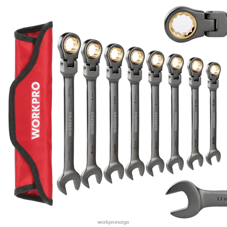 WORKPRO 8 stk flex-head skrallekombinøkkelsett med organiseringsveske nyttig verktøy 622PZ86