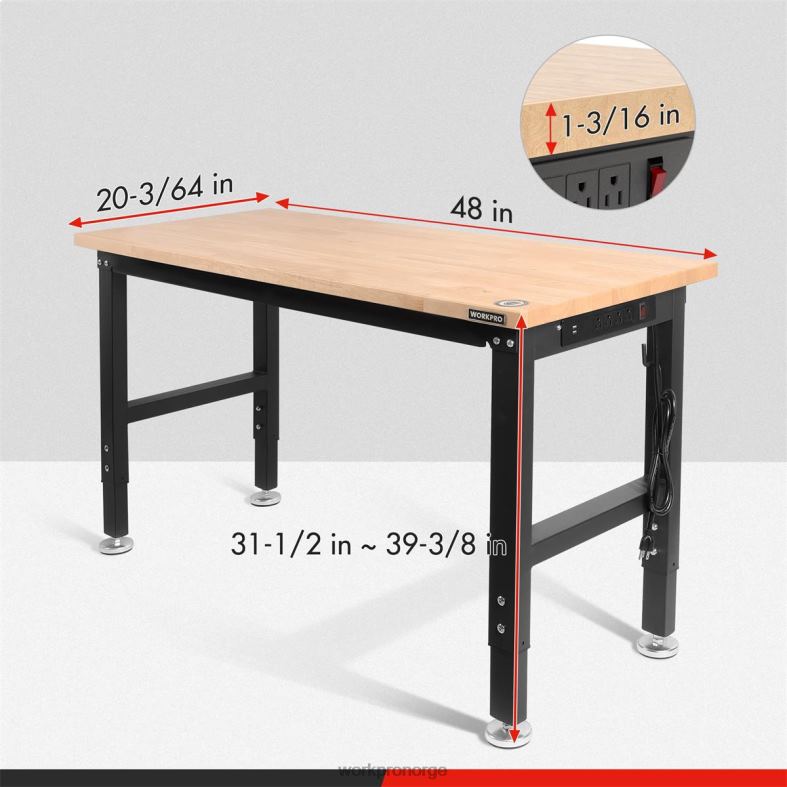WORKPRO justerbar arbeidsbenk 2000 lbs lastekapasitet hardtre arbeidsbord med strømuttak hjelpsom Oppbevaring 622PZ1