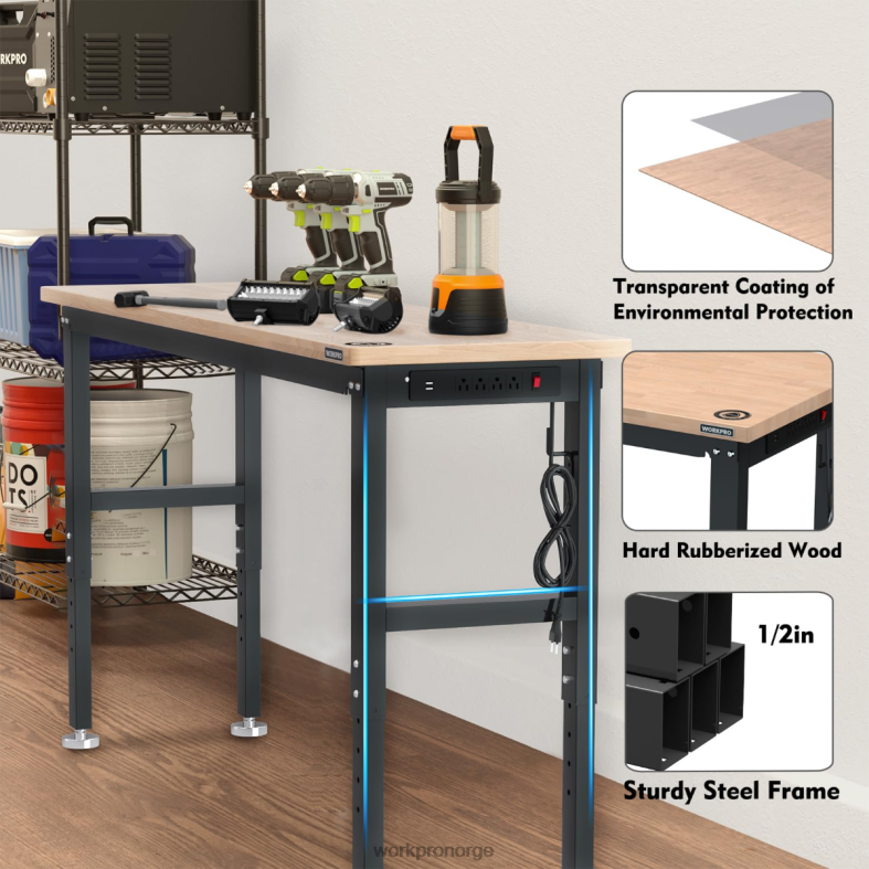 WORKPRO justerbar arbeidsbenk 3000 lbs lastekapasitet hardtre arbeidsbord med strømuttak nyttig Oppbevaring 622PZ4