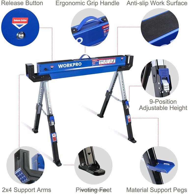 WORKPRO 2 stk sammenleggbar saghest justerbar kraftig saghest med 2x4 støttearmer, 3000 lbs lastekapasitet, 24-32 tommer høydejusterbare ben, svingbare føtter og støttepinner ny Oppbevaring 622PZ35