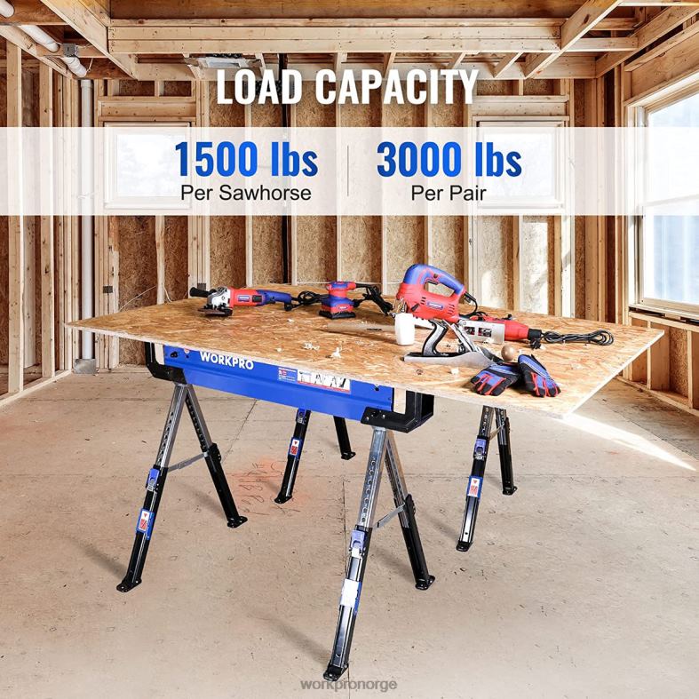 WORKPRO 2 stk sammenleggbar saghest justerbar kraftig saghest med 2x4 støttearmer, 3000 lbs lastekapasitet, 24-32 tommer høydejusterbare ben, svingbare føtter og støttepinner ny Oppbevaring 622PZ35
