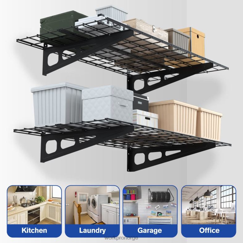 WORKPRO 2-pack 2x4ft kraftige garasjeveggmonterte hyller, 400lbs lastekapasitet (totalt) svart Oppbevaring 622PZ14