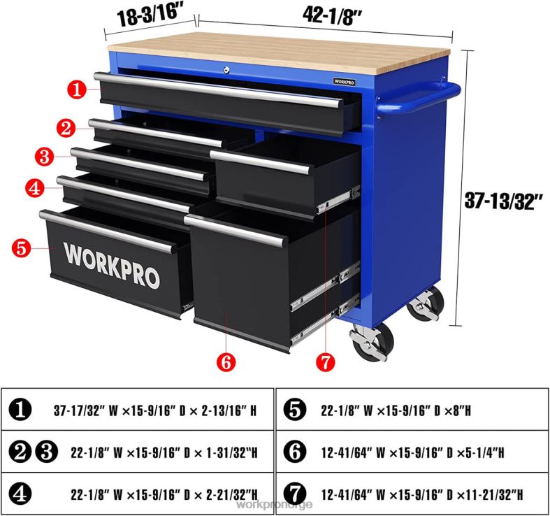 WORKPRO 42-tommers 7-skuffers rullende verktøyskrin med tretopp, utstyrt med hjul, håndtak, skuffforing og låsesystem, 1000 lbs lastekapasitet ny Oppbevaring 622PZ26