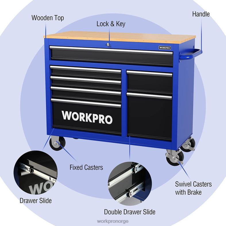 WORKPRO 42-tommers 7-skuffers rullende verktøyskrin med tretopp, utstyrt med hjul, håndtak, skuffforing og låsesystem, 1000 lbs lastekapasitet ny Oppbevaring 622PZ26