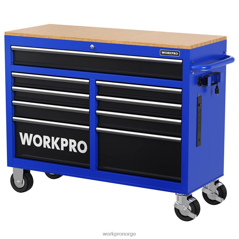 WORKPRO 46-tommers 9-skuffers rullende verktøyskrin med treplate, utstyrt med hjul, håndtak, skuffforing og låsesystem, 1200 lbs lastekapasitet morden Oppbevaring 622PZ15