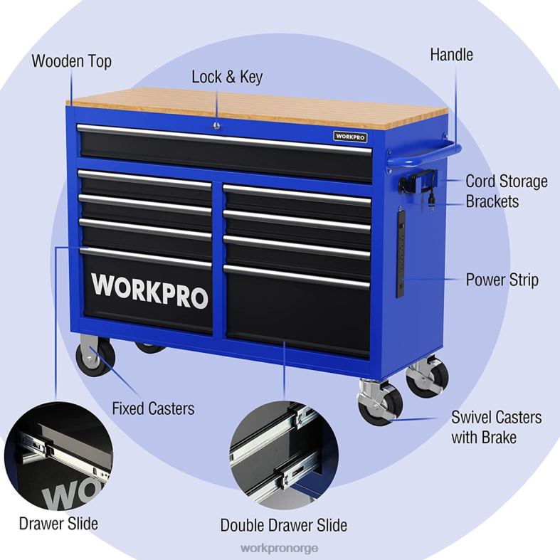 WORKPRO 46-tommers 9-skuffers rullende verktøyskrin med treplate, utstyrt med hjul, håndtak, skuffforing og låsesystem, 1200 lbs lastekapasitet morden Oppbevaring 622PZ15