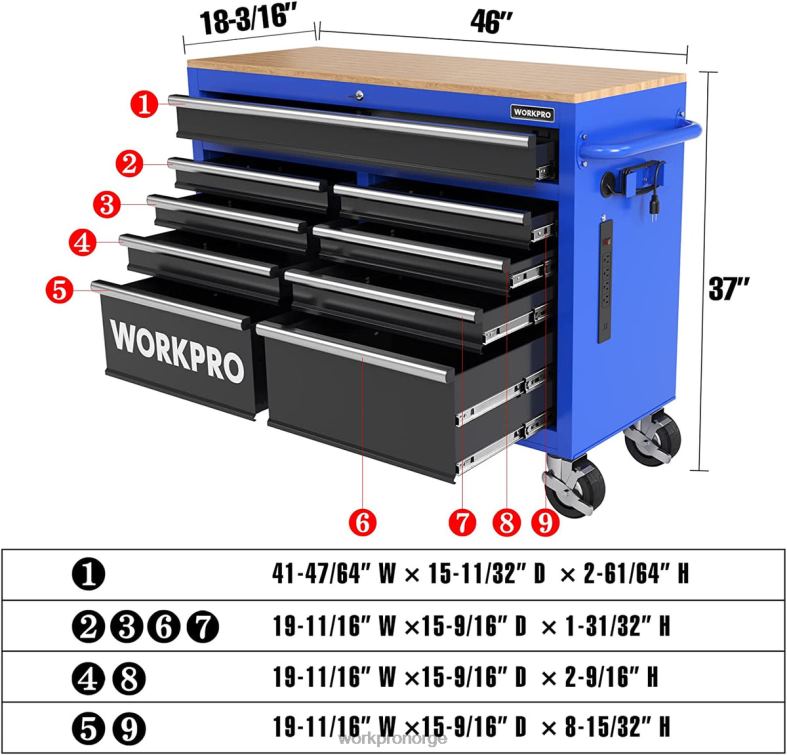 WORKPRO 46-tommers 9-skuffers rullende verktøyskrin med treplate, utstyrt med hjul, håndtak, skuffforing og låsesystem, 1200 lbs lastekapasitet morden Oppbevaring 622PZ15