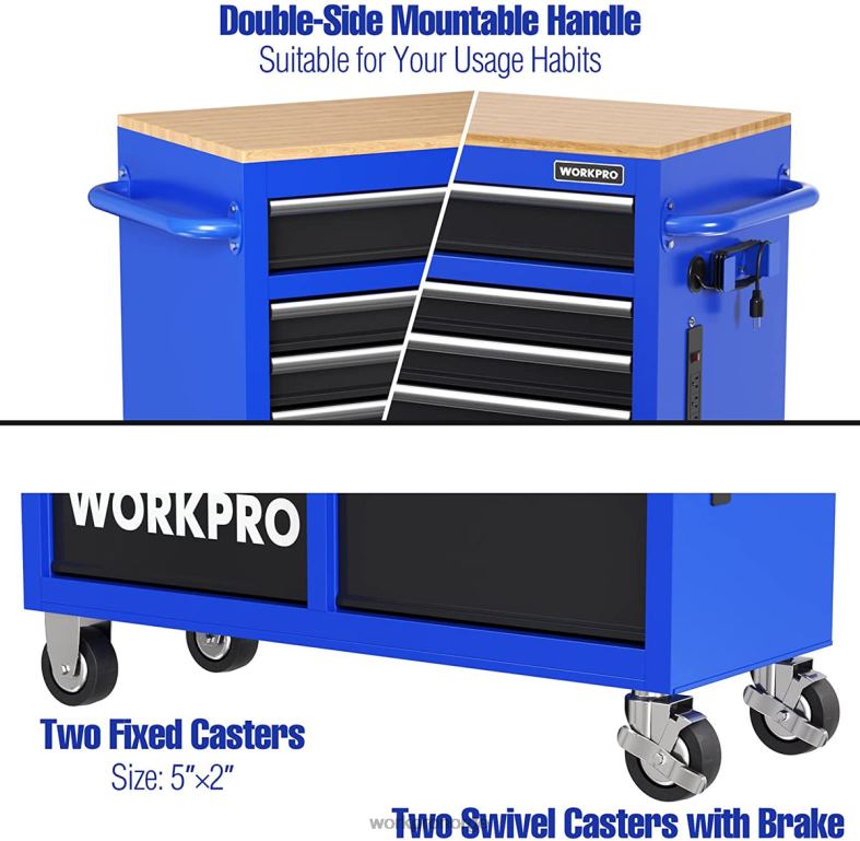 WORKPRO 46-tommers 9-skuffers rullende verktøyskrin med treplate, utstyrt med hjul, håndtak, skuffforing og låsesystem, 1200 lbs lastekapasitet morden Oppbevaring 622PZ15