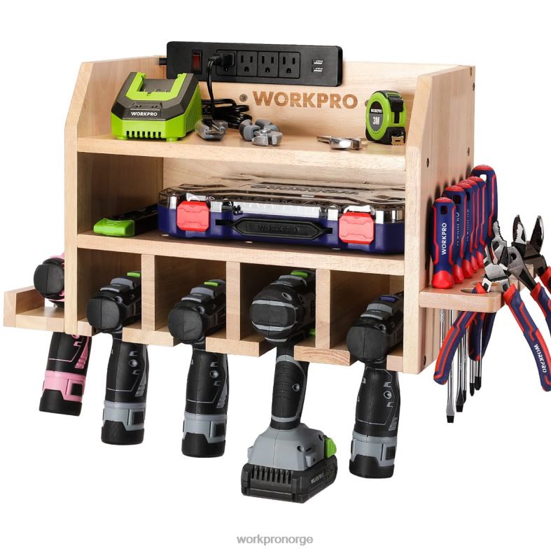 WORKPRO organisering av elektroverktøy, oppbevaringsveggfeste for oppbevaring av batteriholder med 5 borehull, oppbevaring av verktøy i solid tre hjelpsom Oppbevaring 622PZ19