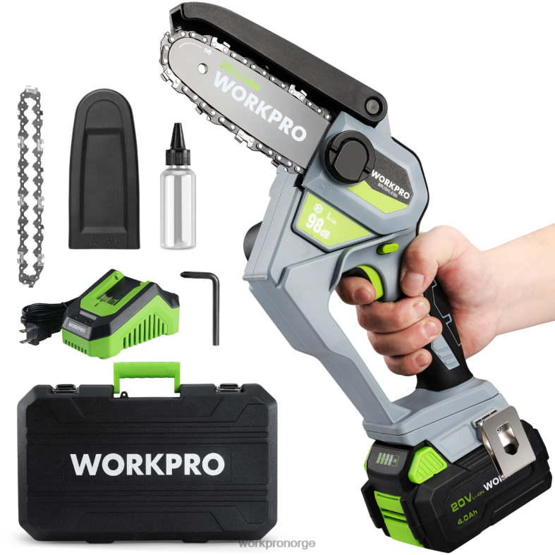 WORKPRO 20V børsteløs batteridrevet kompakt motorsag med 4,0ah batteri og erstatningskjede morden verktøy 622PZ298