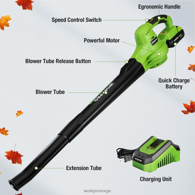 WORKPRO 20V lettvekts mini trådløs løvblåser med batteri og lader, 2-trinns kontroll morden verktøy 622PZ303