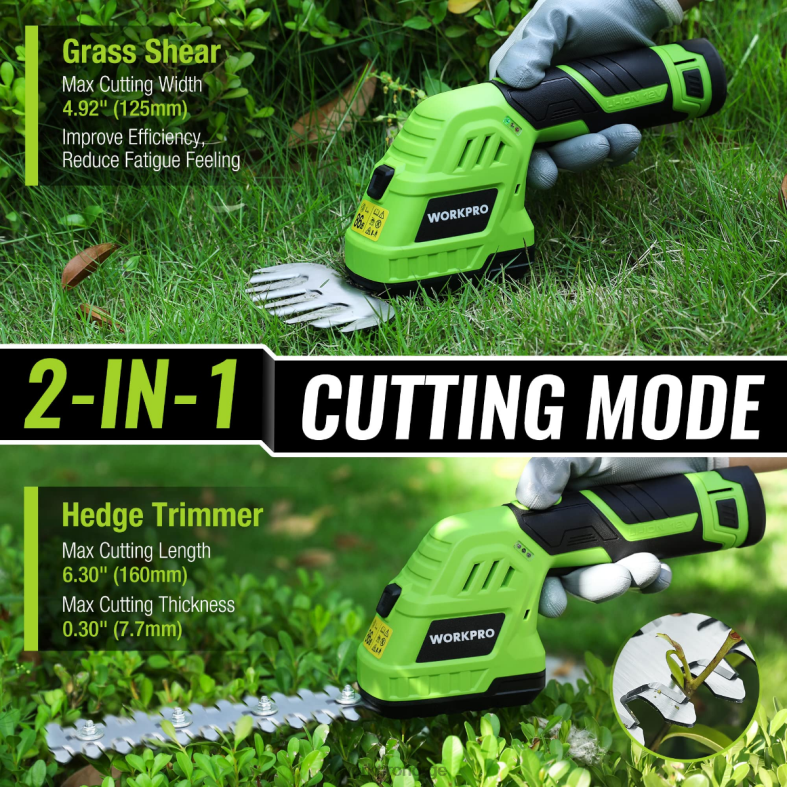 WORKPRO 2 i 1 12V elektrisk trådløs gresshekksaks og håndholdt buskasaks, med 2,0ah oppladbart litiumionbatteri og 1 times hurtiglader morden verktøy 622PZ301