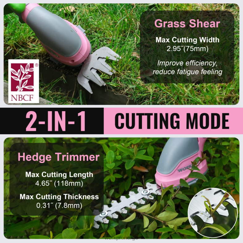 WORKPRO 2 i 1 håndholdt 3,6v elektrisk trådløs busktrimmer hekksaks/gressklipper rosa/grønn/hvit verktøy 622PZ268