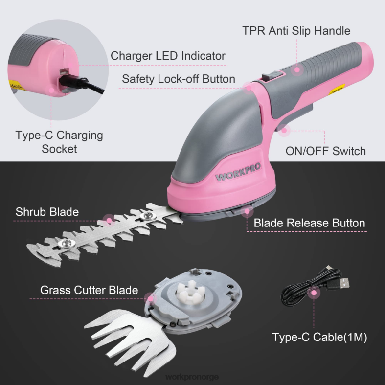 WORKPRO 2 i 1 håndholdt 3,6v elektrisk trådløs busktrimmer hekksaks/gressklipper rosa/grønn/hvit verktøy 622PZ268
