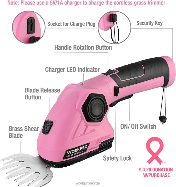 WORKPRO 2 i 1 håndholdt hekksaks 7,2v elektrisk gresstrimmer/hekksaks rosa verktøy 622PZ266
